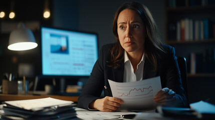 Fototapeta premium Tense woman in cluttered office reviewing negative financial report