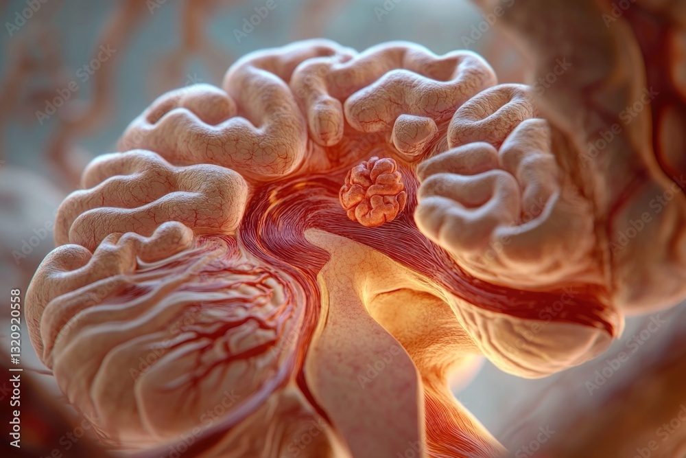 Poster close-up image of the human brain's cerebral cortex with visible neurons and blood vessels