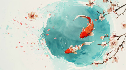 A serene watercolor painting of koi fish surrounded by gentle cherry blossom petals, creating a harmonious and tranquil scene.