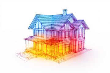 A transparent wireframe house model with a thermal gradient effect transitioning from blue to red symbolizing temperature distribution and energy flow

