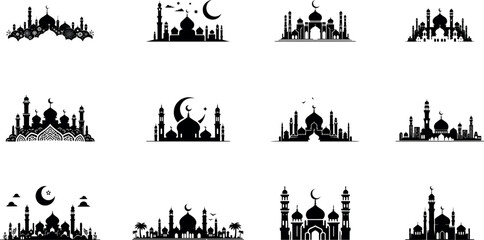 Fototapeta premium Eid Mubarak Mosque Silhouette Vector Collection
