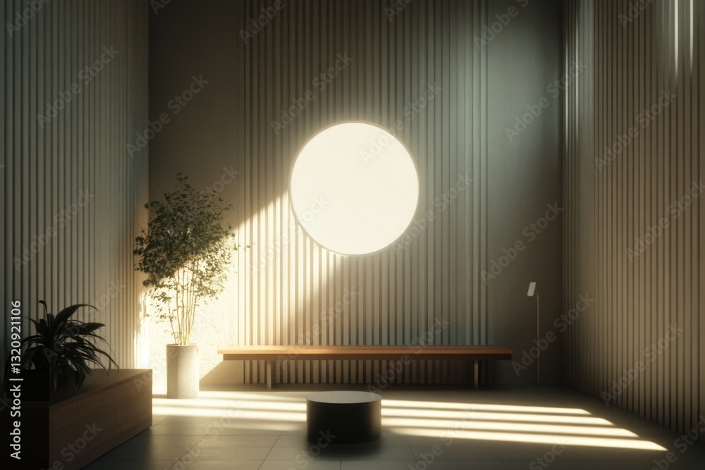 Poster A quiet space with a comfortable bench and a circular window for natural light