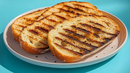 Grilled bread slices gleam golden brown bright sunlight enhances textures a visually appealing plate. AI Generated