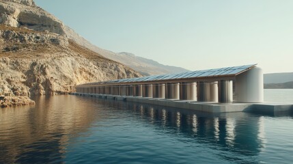 Modern Industrial Facility on Water with Rocky Landscape and Clear Blue Sky Reflection in Calm Water
