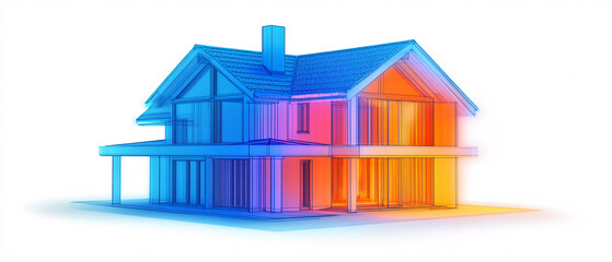 A modern house illustration with a thermal gradient effect transitioning from blue to red representing temperature variations and energy efficiency

