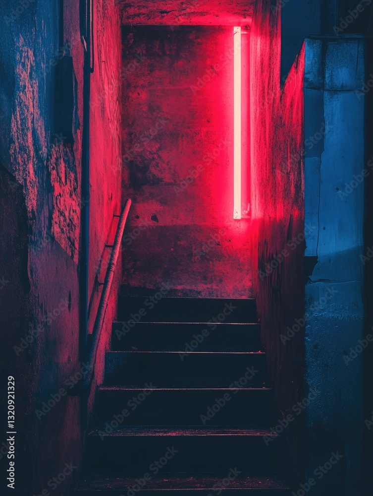 Poster a staircase leading up to a red light at the end, can be used in various contexts such as safety, wa
