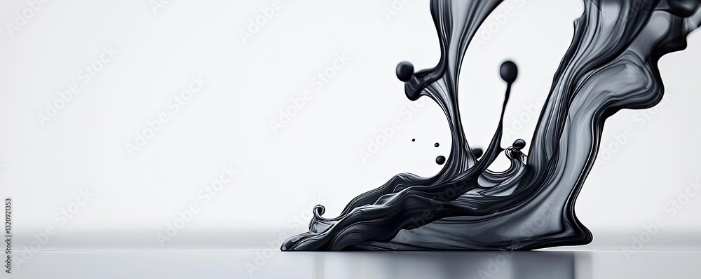 Poster Ink illustration abstract background concept. Abstract black liquid splash on white surface creating artistic visuals.