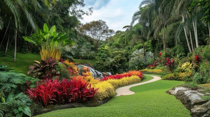 Obraz premium A beautifully landscaped garden with vibrant colorful plants and a small waterfall