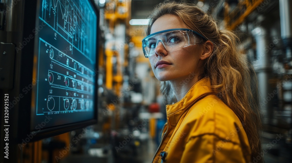 Poster a skilled engineer is focused on monitoring complex automation data in a high-tech manufacturing fac