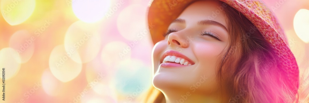 Poster happy person enjoying life after dental implants against a bright pastel background with soft bokeh 