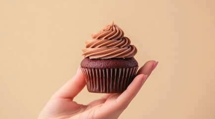 Female hand holding chocolate cupcake on light brown background.