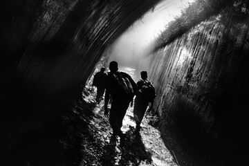 illustration of illegal immigrants trying to pass the border using secret passage 