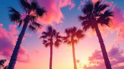 Palm trees silhouetted against a colorful sunset sky scene