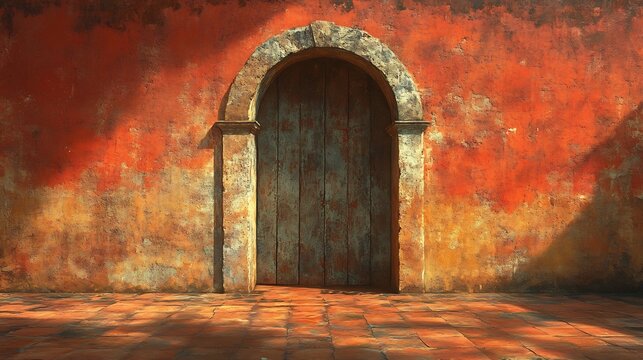 Rustic arched doorway glows warmly in sunlit terracotta wall. AI Generated