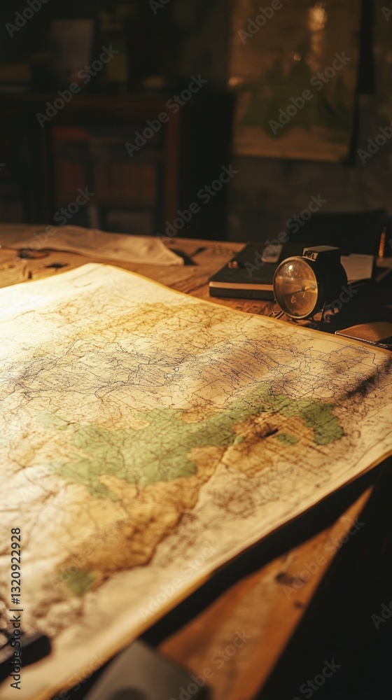 Poster a person studies a map on a table, using a magnifying glass for closer inspection