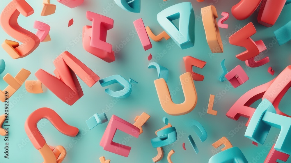Fototapete Creative typography background featuring floating 3D letters and abstract forms on a soft gradient backdrop