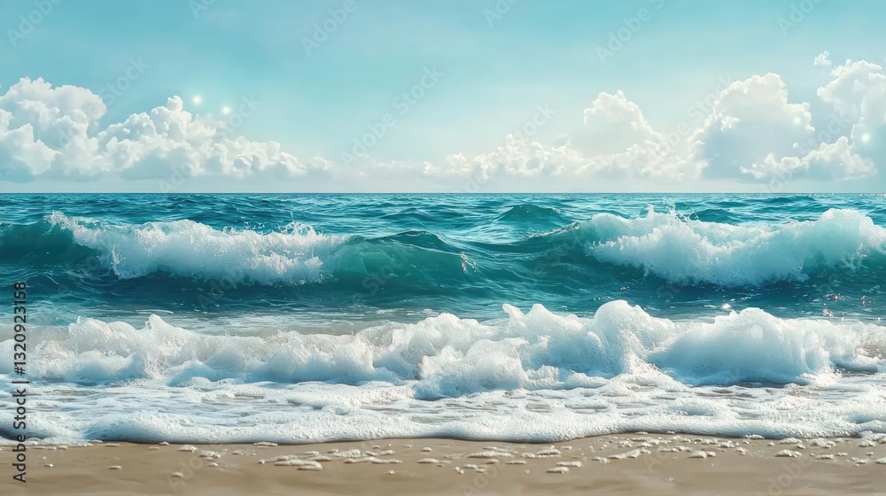 Poster Seascape abstract background idea. A serene beach scene capturing waves and gentle clouds under a bright blue sky.