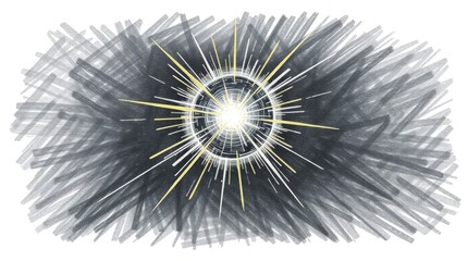 A hand-drawn sketch of a bright lens flare against an intensely black background. The illustration includes random background 