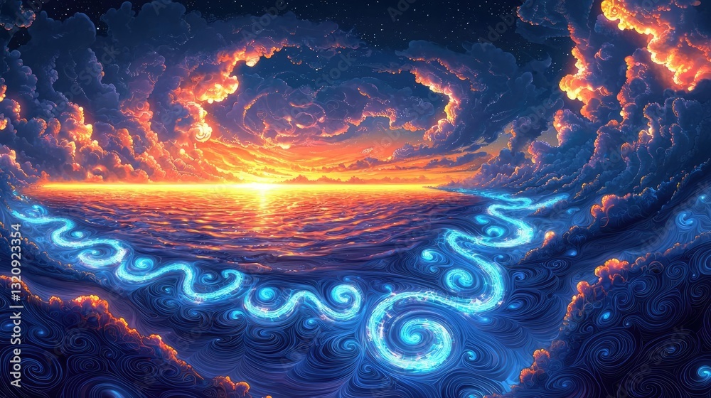 Poster seascape abstract background idea. a vibrant sunset over the ocean, with swirling clouds and sparkli