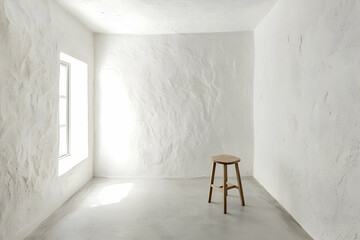 Minimalist white room with smooth stucco walls and clean floors, paired with a single wooden stool.