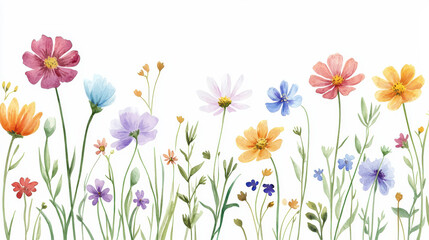 A vibrant collection of colorful wildflowers in bloom, perfect for nature themes. isolated on white background.