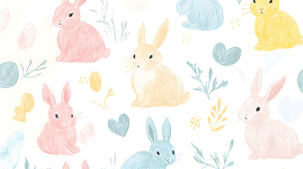 Fototapeta premium Charming pastel Easter bunnies, hand-drawn with soft lines for a warm holiday feel.