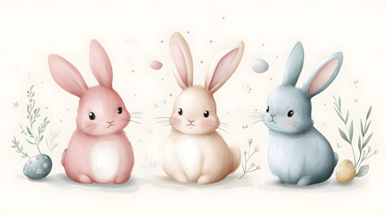 Obraz premium Charming pastel Easter bunnies with intricate patterns, hand-drawn for detailed holiday illustrations.
