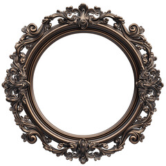 Ornate Dark Brown Baroque-Style Circular Frame with Intricate Details on Transparent Background