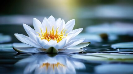A close up image showing a beautiful white water lily
