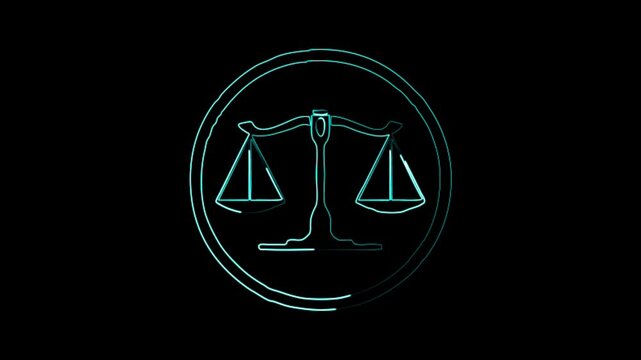Neon glowing Business ethics icon animation.Animated justice scale symbolizing law, fairness, and ethical balance