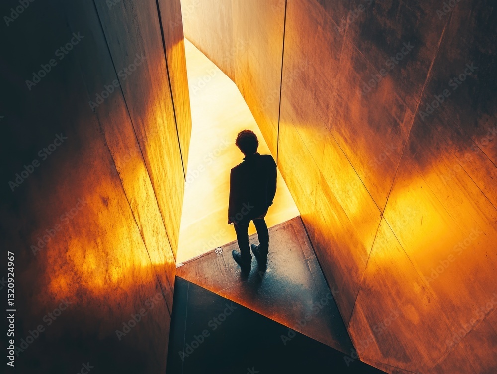 Poster a person stands in a dimly lit tunnel as a bright light shines through, creating an interesting cont