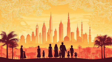 family with a city in the background