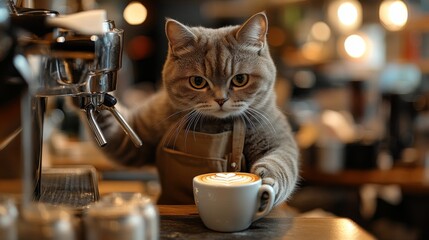 A gray cat dressed in a barista apron skillfully makes a coffee, showcasing intricate latte art in a charming cafe bustling with early patrons.