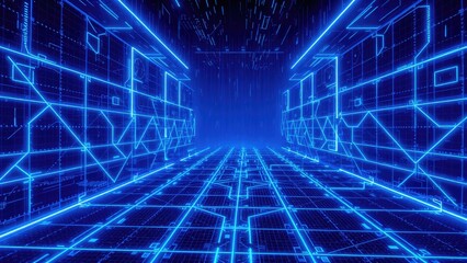 Futuristic Neon Corridor with Bright Blue Lines and Grid Pattern