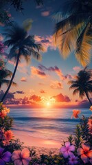 Beautiful sunset over ocean with palm trees and tropical flowers