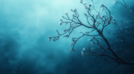Frosted tree branches in eerie blue mist for fantasy book covers and atmospheric seasonal background designs