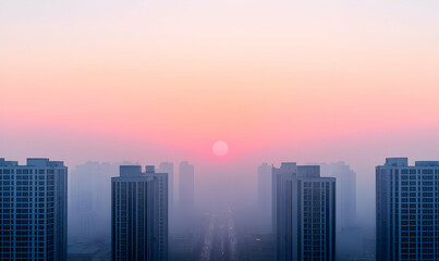 Fototapeta premium Serene Sunset Over Urban Skyline with Fog and Silhouetted Buildings