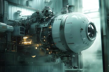 Futuristic underwater exploration vehicle in a high-tech facility with ambient lighting and machinery