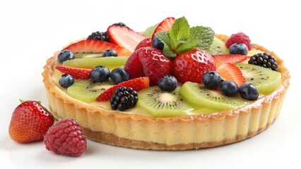 Colorful Fruit Tart: A medium-sized, round tart filled with a layer of smooth vanilla pastry cream and topped with an assortment of fresh fruits, including strawberries, kiwi, blueberries, and raspber