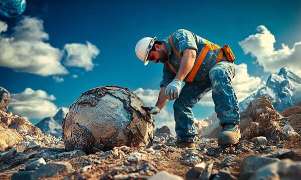 Construction worker in a helmet and safety gear chiseling a large rock in a rugged mountainous landscape