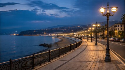 Fototapeta premium Scenic waterfront promenade with street lamps and gentle waves at dusk