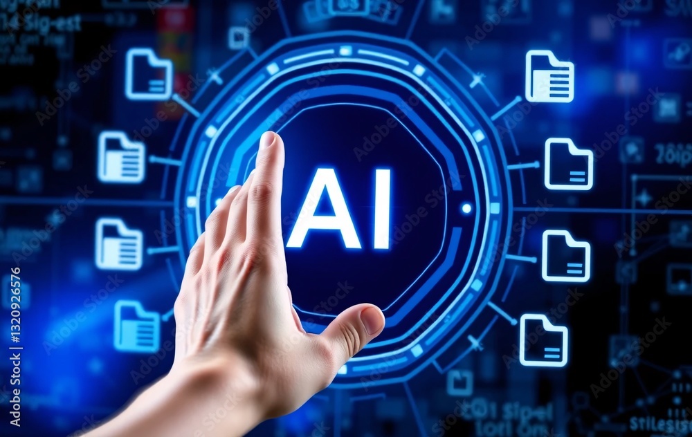 Fototapete data interaction concept for the future, a hand interacting with artificial intelligence, accessing 