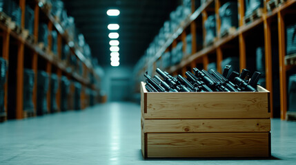 A wooden crate filled with firearms in a dimly lit storage facility.