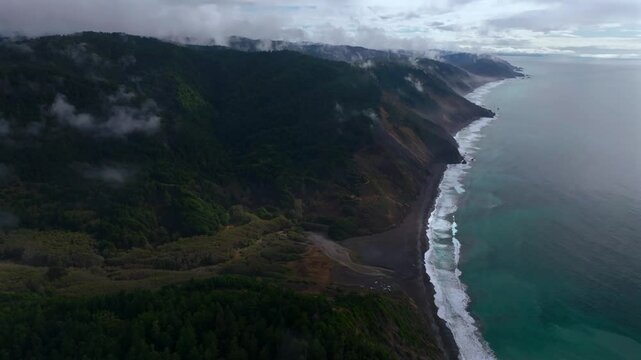 USAL Beach Sinkyone Wilderness Lost Coast Trail Redwood Forest California aerial drone rugged untouched coastline mist morning remote untouched waves crashing bluffs mountainside camping circle left