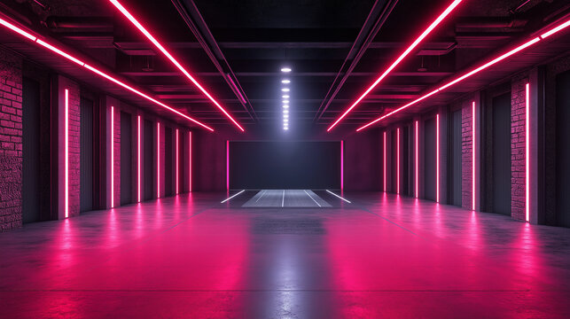 Futuristic neon-light tunnel with glowing magenta lights for tech event promotions and cyberpunk-themed digital content. Copy space