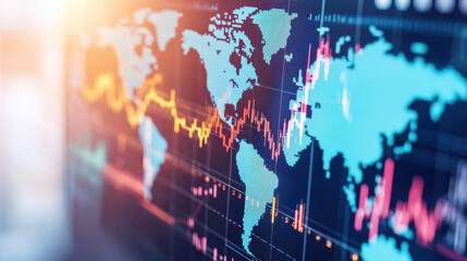 Abstract digital world map with data analytics and statistical trends visualization.