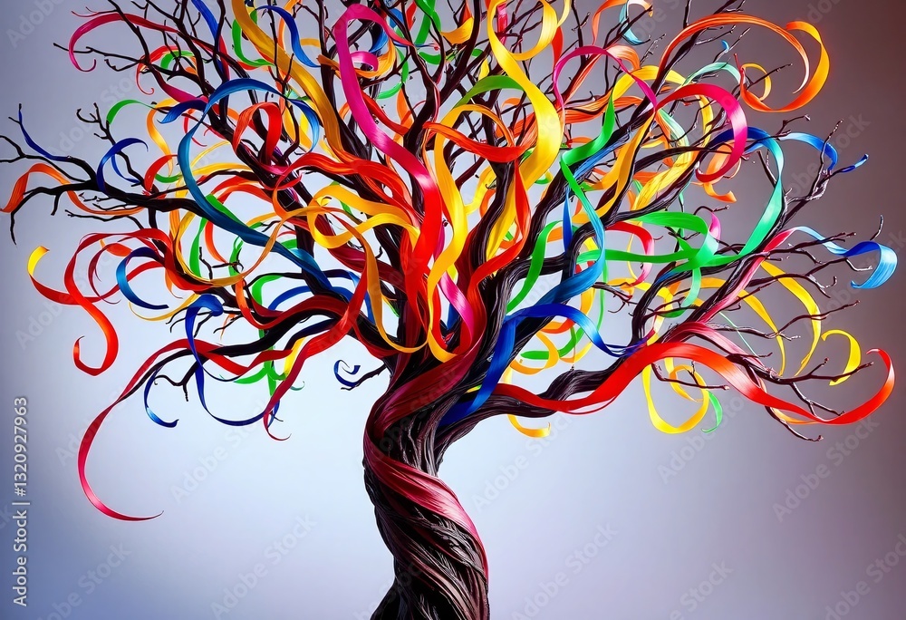 Fototapete whimsical tree with colorful branches, a swirling art piece, vibrant ribbons intertwined against a s