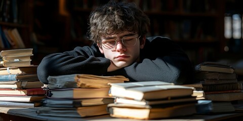 Tired Young Man Asleep on Stack of Books in Sunlit Library, Education and Study Concept