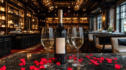 Romantic dinner setting with wine and rose petals on a luxury restaurant table perfect for date nights, proposals, and upscale dining promotions