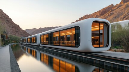 Obraz premium Modern, sleek, futuristic dining facility by a tranquil canal